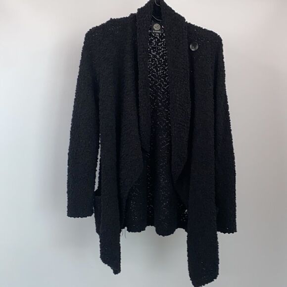 Bobeau Boucle Popcorn Knot Black Draped Button Cardigan Sweater Size XS - Picture 2 of 10